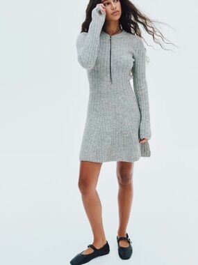 H&M Light Gray Ribbed Knit Long-Sleeve Dress